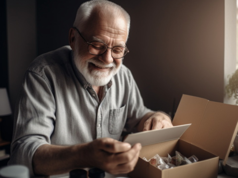 photo of happy old man opening a starter kit